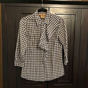 Tory Burch Black and White Gingham Ruffle Blouse